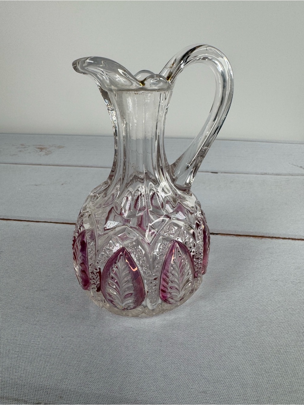 Antique EAPG Ruby Stained Leaf Panel Pressed Glass Mini Pitcher Creamer